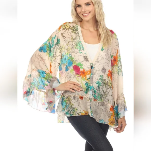 JOHNNY WAS Sequence Georgina Kimono Style Vibrant Floral Blouse NWT Size Medium - Picture 5 of 13